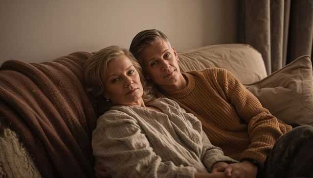 Mature couple relaxing on sofa with throw blanket in warm cozy home interior, neutral tones