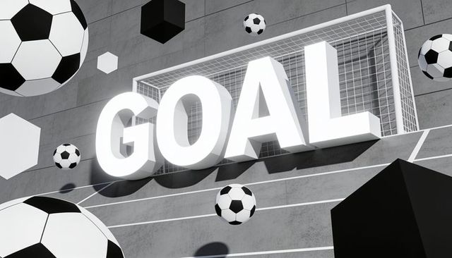 Monochrome 3d goal letters floating with soccer net and flying balls, geometric render