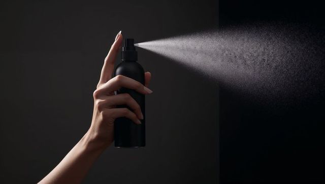 Elegant hand holding black spray bottle with mist