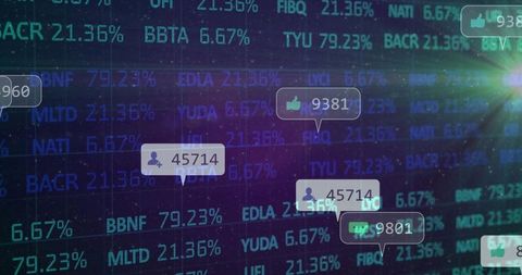 Futuristic social media analytics showing live engagement counters and market tickers
