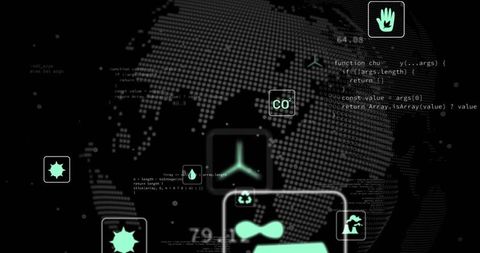 Dot-Matrix Globe with Neon Teal UI Badges Showing CO2, Water Droplet and Code Snippets