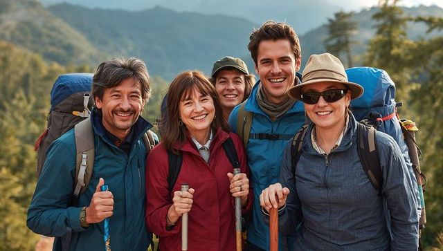 Group of Hikers Smiling on Mountain Trail During Essentials-Packed Adventure