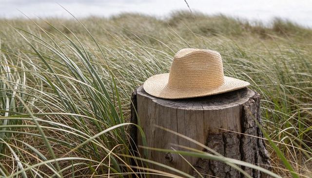 Resting straw sun hat on weathered tree stump among windswept coastal dune grasses by seashore