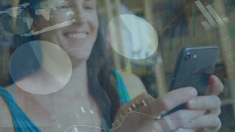 Smiling Woman Using Smartphone with Global Data Overlay