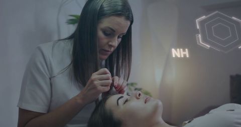 Beautician Performing Facial Treatment with Chemical Formula Overlay