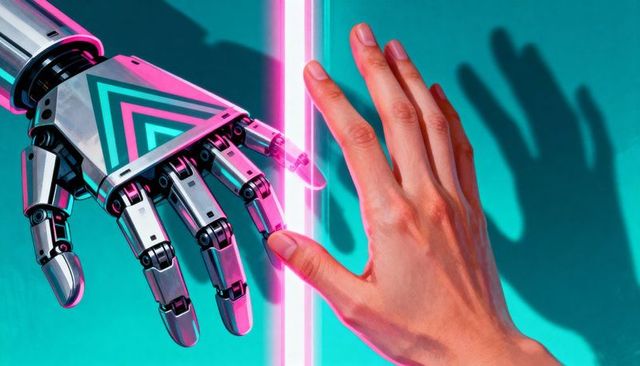 Connecting human hand with chrome robotic hand across neon divider, tech concept