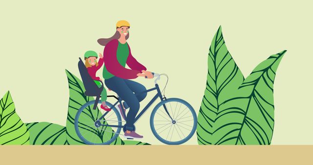 Illustration of mother with child riding bicycle by vector plants against gray background. Copy space, family, together, transportation, mobility, awareness, campaign and sustainable concept.