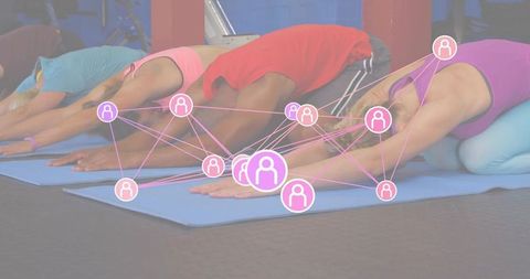 Group yoga class stretching in child pose with social connectivity network overlay