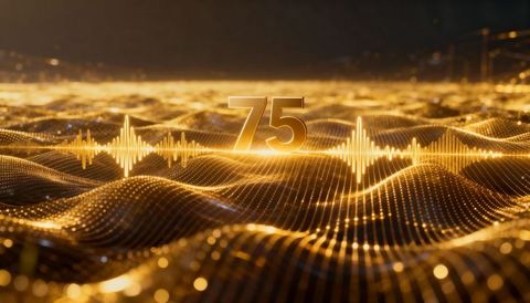 Glowing Metallic Gold 75 Floating Over Futuristic Waveform Grid With Radiant Digital Mesh