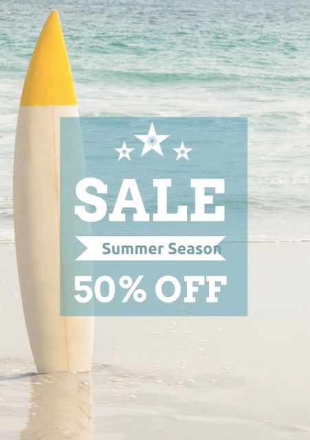 Summer Season Sale Promo with Surfboard at Beach - Download Free Stock Templates Pikwizard.com