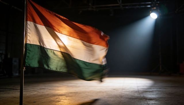 Waving orange white green tricolor flag in rehearsal studio under dramatic spotlight