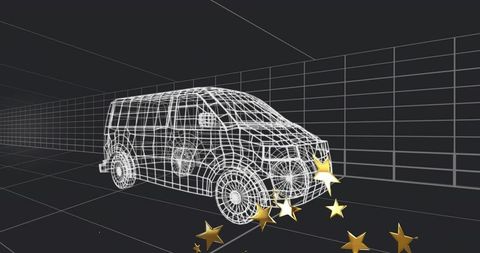3D Wireframe Van in Perspective Modeling Tunnel with Gold Stars and Geometric Grid