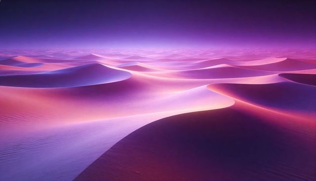 Surreal pink and purple sand dunes at twilight with curving ripples and minimal horizon