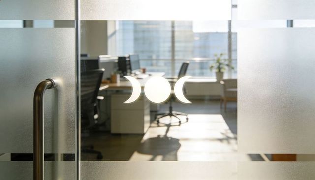 Showcasing frosted glass office door with triple moon decal and sunlit highrise workspace