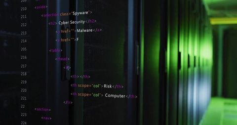 Glowing Server Room with Floating Code Overlay Reflecting Cybersecurity Concepts