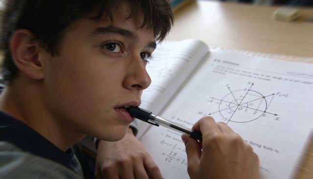 Teenage student studying math biting pen while solving geometry diagram workbook at desk