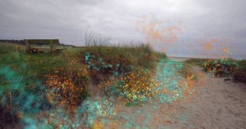 Windblown dune bench beside cloudy coastline with turquoise and amber bokeh swirls