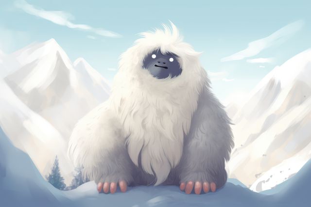 Snow yeti and mountains covered in snow, created using generative ai technology. Yeti, winter scenery and beauty in nature concept digitally generated image.