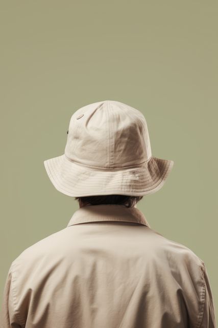 Back of man with beige bucket hat on beige background, created using generative ai technology. Fashion, hats and headwear concept digitally generated image.
