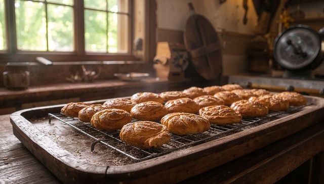Rustic artisan rolls cooling on rack above wooden counter in sunlit farmhouse kitchen