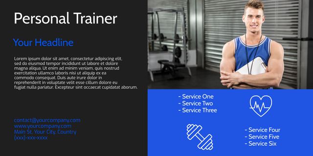 This advertising template features a professional fitness trainer for gym and wellness ads. Use it to promote health and fitness services, gym memberships, personal coaching, and wellness programs. Ideal for marketing materials, social media posts, flyers, and promotional offers in the fitness industry.