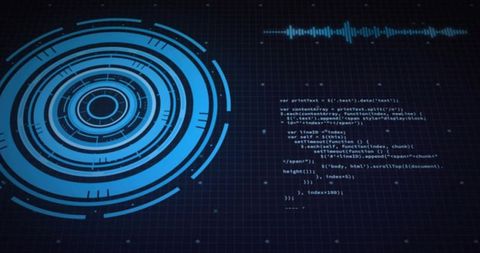 Futuristic Blue HUD Interface Featuring Concentric Rings, Neon Waveform and Streaming Code
