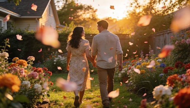 Romantic couple walking hand-in-hand through flower garden at golden hour