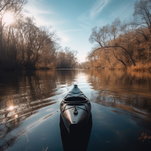 Lonely kayak on calm river during autumn - Download Free Stock Images Pikwizard.com