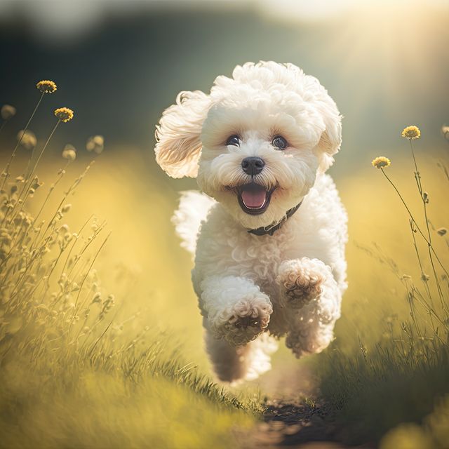 White poodle puppy with fluffy fur running joyfully in a sunlit meadow surrounded by small yellow flowers. Tail wagging, ears flapping, showcasing pure delight of outdoor playtime. Could be used for promoting pet products, advertisements with themes of happiness and energy, or any content related to animals, nature, and outdoor activities.