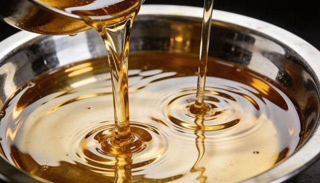 Golden honey pouring into stainless bowl creating glossy ripples and viscous flow