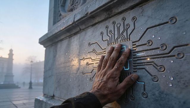Hand pressing illuminated circuit etching on stone plinth in foggy urban plaza