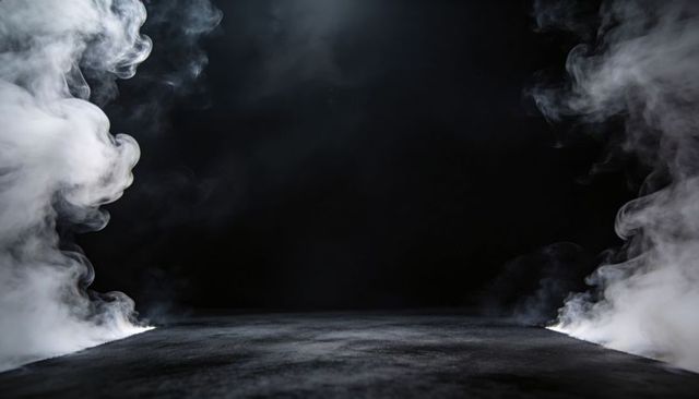 Cinematic smoky stage with textured black floor and dramatic side smoke plumes