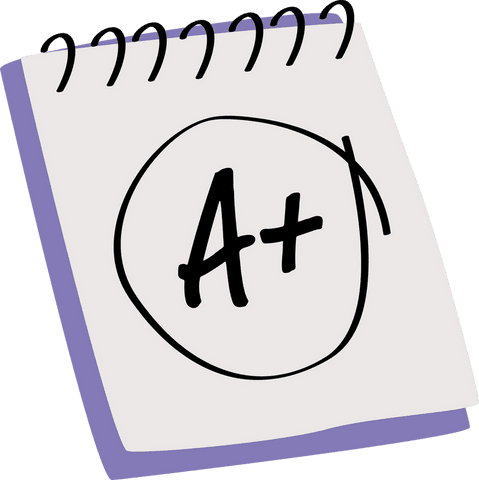 Transparent a+ notebook page illustration with purple spiral backing for education