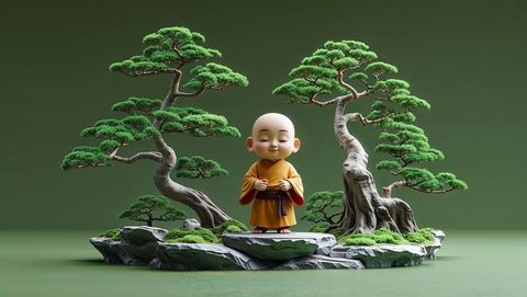 Tranquil monk statue with bonsai trees on floating platform