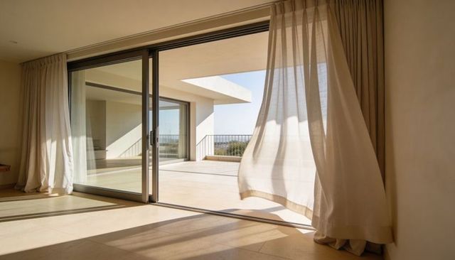 Billowing sheer curtain framing sunlit terrace through sliding glass door minimal
