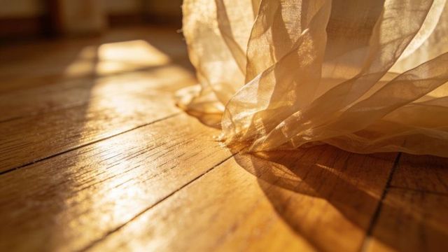 Sunlight catching sheer curtain draping on warm hardwood floor casting soft shadows