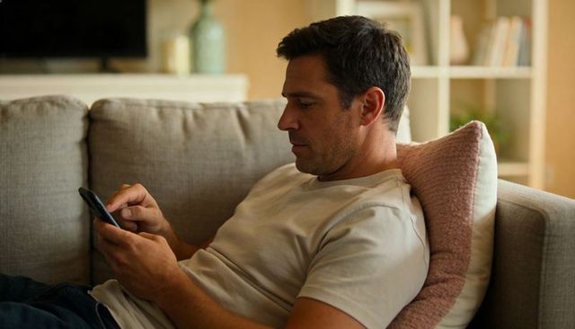 Middle-aged man scrolling smartphone on beige sofa with pink cushion, relaxed lifestyle