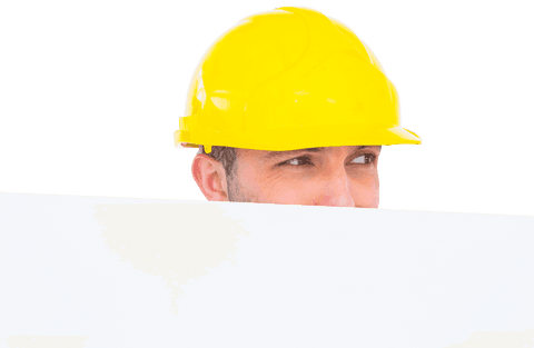 Handyman in Yellow Hard Hat Behind Transparent Blank Board - Download Free Stock Videos Pikwizard.com