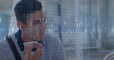 Man speaking into smartphone while analyzing stock candlestick chart overlay
