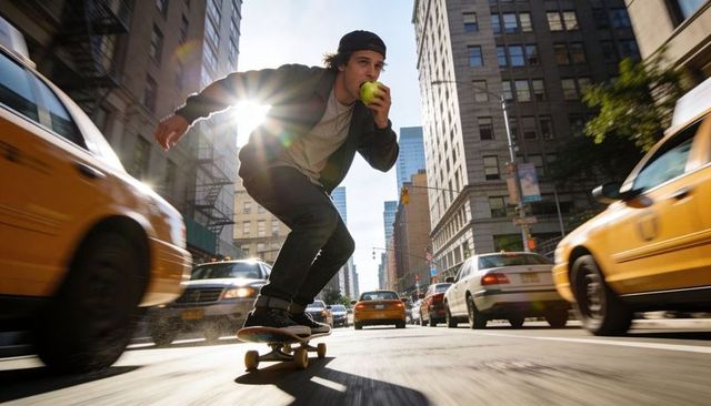 Skateboarding through busy city traffic while eating green apple and navigating taxis