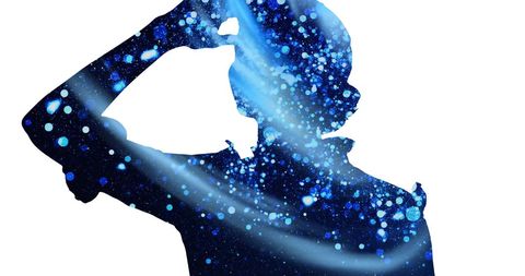 The visual focuses on a stylized silhouette of a woman intertwined with abstract particles and dots in a cosmic theme. Ideal for technology, imagination, or futuristic concepts. Perfect for use in digital design showcasing innovation or creative thinking.