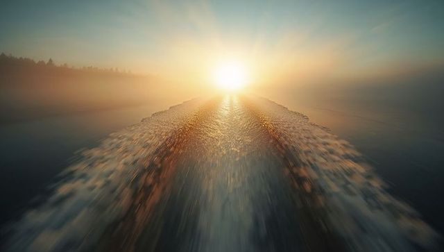 Boat Wake Leading Toward Radiant Sunrise Over Calm Water with Golden Sun Reflection
