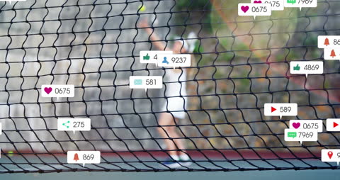 Tennis player standing on court surrounded by various social media engagement icons representing likes, comments, and notifications. Illustration reflects the influence of social media on sports and athlete branding. Useful for articles on digital presence in sports, content creation, and marketing strategies within the athletic world.
