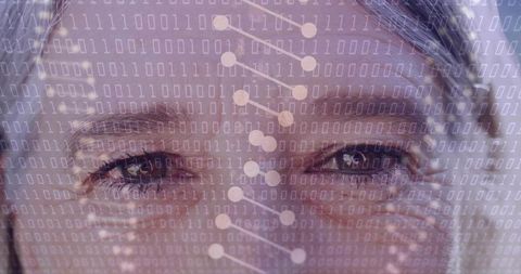 Mature woman under biometric facial scan with digital binary overlay and identity mapping