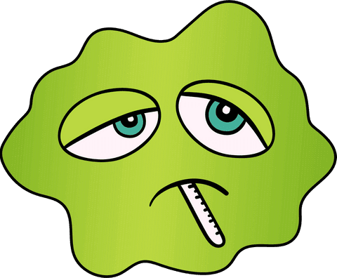 Digital illustration showing a green face with sad expression and thermometer, set against a transparent background. This cartoon-style depiction captures symptoms of being unwell or having a fever, ideal for use in healthcare graphics, educational materials, and articles about sickness prevention and awareness.