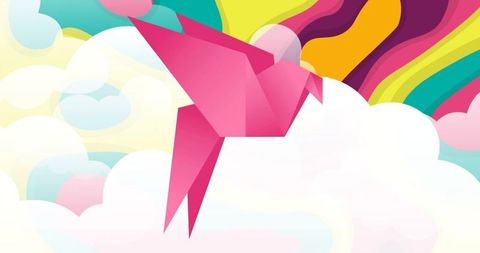 Vibrant origami bird with rainbow wave background