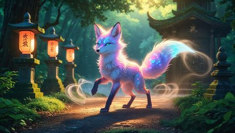 Mystical glowing fox on enchanted path with stone lanterns