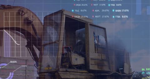 Stock market data overlay on industrial excavator in junkyard
