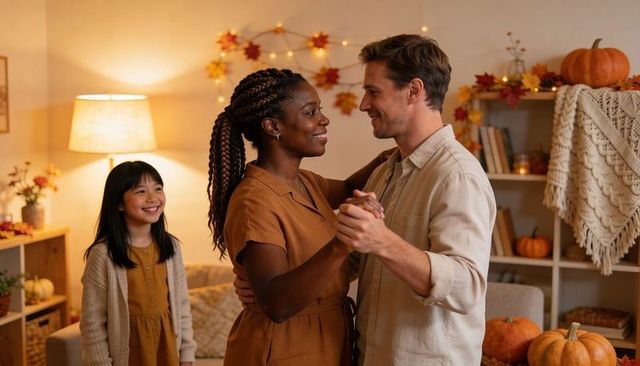 Couple dancing in cozy autumn living room with smiling child, pumpkins and warm lighting