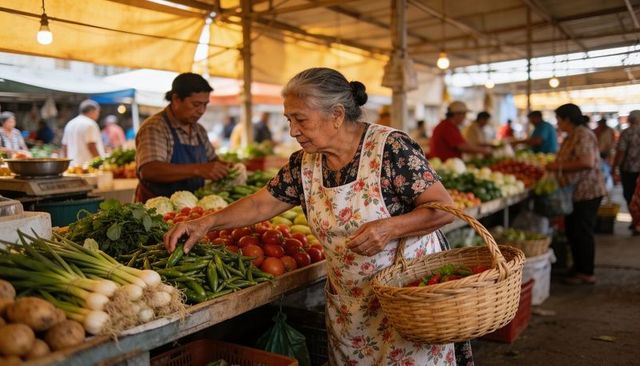 Senior woman selecting green chilies at bustling open-air market stall with woven basket